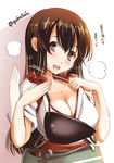  akagi_(kantai_collection) blush breasts brown_eyes brown_hair cleavage fanning_face heavy_breathing hot japanese_clothes kantai_collection large_breasts long_hair muneate open_mouth sogabe_toshinori solo sweat tasuki twitter_username upper_body 