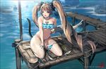  animal_ears bare_shoulders bikini blade_&amp;_soul blue_eyes brown_hair cat_ears cat_feet cat_tail fish long_hair looking_at_viewer navel nightmadness original solo striped striped_swimsuit swimsuit tail thick_thighs thighs twintails undressing very_long_hair water 