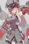  adjusting_clothes adjusting_hat bad_id bad_pixiv_id bare_shoulders bismarck_(kantai_collection) blonde_hair blue_eyes blush detached_sleeves flying_sweatdrops gloves hair_over_one_eye hand_on_hip hat heart heart-shaped_pupils highres kantai_collection long_hair looking_at_viewer military military_hat military_uniform peaked_cap smile solo suihei_sen symbol-shaped_pupils thighhighs turret twitter_username uniform 