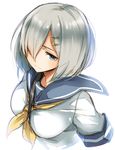  ayakura_juu between_breasts blue_eyes breasts hair_ornament hair_over_one_eye hairclip hamakaze_(kantai_collection) kantai_collection medium_breasts neckerchief school_uniform serafuku short_sleeves silver_hair solo strap_cleavage upper_body white_background yellow_neckwear 