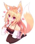  absurdres animal_ears bad_id bad_pixiv_id bare_shoulders blonde_hair fox_ears fox_tail heart highres long_hair off_shoulder open_clothes open_shirt original pantyhose red_eyes shirt solo sukemyon tail 
