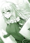 ahoge ayakura_juu bag bespectacled bracelet breasts glasses green hoshii_miki idolmaster idolmaster_(classic) jewelry long_hair looking_at_viewer medium_breasts monochrome necklace shopping_bag smile solo upper_body 