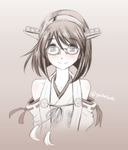  blush detached_sleeves glasses gradient gradient_background grey_background headgear kantai_collection kirishima_(kantai_collection) looking_at_viewer monochrome nontraditional_miko short_hair sketch smile sogabe_toshinori solo spot_color twitter_username upper_body 