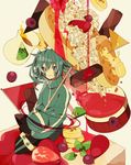  banana ene_(kagerou_project) flag food fruit green_eyes green_hair headphones highres kagerou_project kiwifruit long_hair mura_konbane pudding skirt solo strawberry syrup twintails 