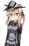  :d black_skirt blonde_hair blush green_eyes hat icetiina kantai_collection long_sleeves looking_at_viewer military military_hat military_uniform open_mouth peaked_cap pleated_skirt prinz_eugen_(kantai_collection) simple_background skirt smile solo twintails uniform upper_body white_background 