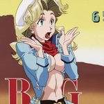  1girl 90s animated animated_gif blonde_hair breast_squeeze breasts cleavage cowboy_bebop cowboy_hat earrings female green_eyes hat highres jacket jewelry judy large_breasts long_hair looking_at_viewer looking_away navel no_bra open_clothes open_mouth scarf solo standing wavy_hair 