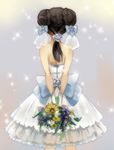  arms_behind_back black_hair bouquet double_bun dress flower from_behind lan.c long_hair naruto naruto_(series) solo strapless strapless_dress tenten veil wedding_dress 