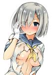  blue_eyes blush breasts full-face_blush gloves hair_ornament hair_over_one_eye hairclip hamakaze_(kantai_collection) kantai_collection large_breasts looking_at_viewer navel nironiro school_uniform serafuku short_hair short_sleeves solo torn_clothes underboob upper_body white_background white_gloves 