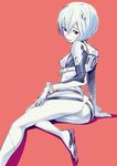  arm_support ass ayanami_rei bangs bodysuit bracer breasts from_side gloves hair_between_eyes hair_ornament hand_on_own_thigh leaning looking_at_viewer looking_back neon_genesis_evangelion parted_lips pilot_suit plugsuit red_background red_eyes shadow short_hair simple_background sitting sketch small_breasts solo tanaka_masayoshi white_bodysuit white_hair yokozuwari 