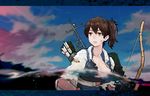  arrow blue_sky bow_(weapon) breasts brown_eyes brown_hair cleavage collarbone flight_deck highres injury japanese_clothes kaga_(kantai_collection) kantai_collection large_breasts letterboxed looking_at_viewer looking_to_the_side madokan_suzuki muneate outdoors parted_lips partially_submerged purple_sky quiver scrape side_ponytail sky solo sunset tasuki torn_clothes upper_body water weapon 