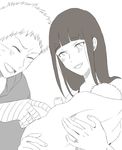  2boys baby baby_carry bad_id bad_pixiv_id bandaged_arm bandages black_hair closed_eyes family father_and_son highres hyuuga_hinata long_hair monochrome mother_and_son multiple_boys narita_(nacyanon) naruto naruto_(series) short_hair smile uzumaki_boruto uzumaki_naruto 