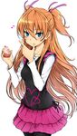  black_legwear blue_eyes blush cowboy_shot cupcake eighth_note finger_licking food hair_ribbon houjou_hibiki jewelry licking long_hair minatsuki_randoseru musical_note orange_hair pantyhose precure ribbon skirt solo suite_precure two_side_up very_long_hair white_background 