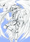  armpits blonde_hair blue_background feathered_wings feathers flat_chest harpy long_hair monster_girl monster_musume_no_iru_nichijou olsa_(oftintys) papi's_mother sketch solo talons very_long_hair wings 