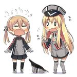  2girls anchor_hair_ornament bad_id bad_twitter_id bare_shoulders bismarck_(kantai_collection) black_legwear black_ribbon blonde_hair blush chibi closed_eyes commentary crying detached_sleeves flying_sweatdrops grey_legwear hair_ornament hair_ribbon hat hat_removed headwear_removed iron_cross kantai_collection kurono_nekomaru long_hair long_sleeves military military_uniform multiple_girls open_mouth peaked_cap prinz_eugen_(kantai_collection) ribbon shadow simple_background tears thighhighs twintails uniform wavy_mouth white_background 