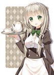  :d argyle argyle_background creamer_(vessel) cup green_eyes hyuuga_azuri long_hair maid maid_headdress open_mouth original saucer silver_hair smile solo tea_set teacup teapot tray 