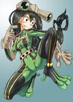  asui_tsuyu belt black_eyes black_hair bodysuit boku_no_hero_academia boots frog_girl full_body gloves gradient gradient_background green_background green_bodysuit hair_rings highres long_hair long_tongue low-tied_long_hair monster_girl solo thigh_boots thighhighs tongue very_long_tongue white_background 