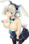  :&lt; animal_ears bad_id bad_pixiv_id between_breasts black_skirt blue_eyes blurry blush breasts bunny_ears bunny_tail bunnysuit cleavage depth_of_field detached_collar hand_on_own_chest headphones large_breasts looking_at_viewer necktie necktie_between_breasts oshiro_project pantyhose pleated_skirt shikano_(oshiro_project) short_hair shu-cem silver_hair simple_background skindentation skirt solo spikes tail white_background wrist_cuffs 