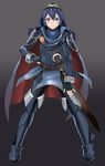  1girl armor belt black_gloves blue_eyes blue_hair cape closed_mouth female fingerless_gloves fire_emblem gloves gray_background grey_background long_hair long_sleeves looking_at_viewer lucina shijima_(tanfn) simple_background smile solo sword weapon 