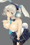  :&lt; animal_ears bad_id bad_pixiv_id between_breasts black_skirt blue_eyes blurry blush breasts bunny_ears bunny_tail bunnysuit cleavage depth_of_field detached_collar grey_background hand_on_own_chest headphones large_breasts looking_at_viewer necktie necktie_between_breasts oshiro_project pantyhose pleated_skirt shikano_(oshiro_project) short_hair shu-cem silver_hair simple_background skindentation skirt solo spikes tail wrist_cuffs 