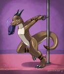  2019 angels_with_scaly_wings anthro brown_body claws conditional_dnp dancing dragon grumpyvulpix handcuffs hat horn looking_at_viewer male nude pole pole_dancing purple_eyes scalie sebastian_(awsw) shackles solo 