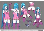  1girl ass bangs bikini blue_hair breasts character_sheet dress elbow_gloves female gloves iseki_shuuichi japan_animator_expo kneeling long_hair me!me!me! meme_(me!me!me!) naughty_face official_art open_mouth pleated_dress purple_eyes purple_gloves purple_legwear red_shoes shoes short_dress solo striped striped_bikini striped_swimsuit swimsuit swimsuit_under_clothes thighhighs thong tongue tongue_out underwear v_arms very_long_hair 