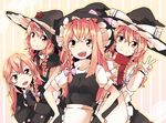 aioi_aoi apron azusa_(cookie) bad_id bad_pixiv_id blonde_hair blush_stickers braid cookie_(touhou) hat hat_ribbon kirisame_marisa long_hair looking_at_viewer mars_(cookie) microphone multiple_girls multiple_persona open_mouth rei_(cookie) ribbon ribbon_trim scarf side_braid touhou uzuki_(cookie) v waist_apron witch_hat yellow_eyes 