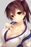  breasts brown_hair cleavage collarbone grey_background hand_on_own_chest japanese_clothes jpeg_artifacts kaga_(kantai_collection) kantai_collection large_breasts looking_at_viewer nironiro side_ponytail solo strap_slip tasuki upper_body yellow_eyes 