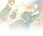  copyright_name flower flowers_(innocent_grey) glasses hair_flower hair_ornament hairclip hanabishi_rikka highres kousaka_mayuri multiple_girls petals ribbon rose school_uniform shirahane_suou short_hair text_focus 