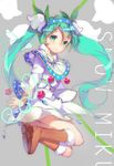  acidear boots character_name green_eyes green_hair hatsune_miku highres long_hair sketch smile solo twintails very_long_hair vocaloid yuki_miku 