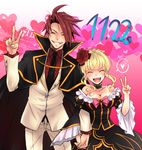  1girl ^_^ beatrice blonde_hair bow breasts cape choker cleavage closed_eyes dated dress fang flower grin hair_flower hair_ornament heart holding_hands large_breasts md5_mismatch necktie open_mouth pink_bow red_hair rose smile sousui_hani spoken_heart umineko_no_naku_koro_ni ushiromiya_battler v wide_sleeves 