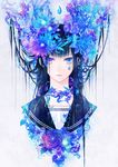  black_hair blue_eyes flower highres long_hair original school_uniform serafuku solo thorns upper_body water_drop yuuno_(yukioka) 