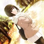  bad_id bad_pixiv_id bag bangs breath brown_eyes brown_hair dutch_angle handbag jacket light_particles long_sleeves looking_at_viewer looking_back nayuta69 original outdoors pantyhose parted_lips road scarf short_hair skirt solo sunlight tree 