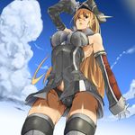  arm_up bad_id bad_pixiv_id bare_shoulders bismarck_(kantai_collection) black_panties blonde_hair blue_eyes breasts cameltoe cloud cowboy_shot day detached_sleeves grey_legwear hat highres impossible_clothes kantai_collection konoshita_kiyomasa large_breasts long_hair panties pantyshot pantyshot_(sitting) peaked_cap sitting sky solo underwear very_long_hair 