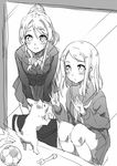  ayase_arisa ayase_eli blush dog greyscale hair_ornament hairclip highres hiraga_matsuri love_live! love_live!_school_idol_project monochrome multiple_girls siblings sisters sketch squatting 