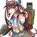  asagumo_(kantai_collection) ascot bangs blue_bow blush bow brown_hair buttons collared_shirt cowboy_shot eyebrows eyebrows_visible_through_hair green_eyes green_skirt hair_between_eyes hair_bow hair_ribbon holding itomugi-kun kantai_collection long_hair looking_at_viewer open_mouth pleated_skirt ribbon school_uniform shirt short_eyebrows short_sleeves simple_background skirt solo suspender_skirt suspenders turret twintails white_background white_shirt 