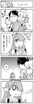  4girls 4koma ahoge animal_head bare_shoulders beak blank_stare blush comic feathered_wings feathers glasses greyscale hair_over_one_eye harpy head_feathers head_scarf highres hirokazu_sasaki hug japanese_clothes kimono long_hair monochrome monster_girl multiple_girls nobuyoshi-zamurai rin_(torikissa!) siblings sidelocks sisters smile suzu_(torikissa!) sweatdrop torikissa! translation_request wings yukata 