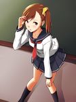  bad_id bad_pixiv_id black_legwear blush brown_eyes brown_hair futami_mami hair_tucking idolmaster idolmaster_(classic) idolmaster_2 kneehighs leaning_forward looking_at_viewer ribi school_uniform scrunchie serafuku side_ponytail 