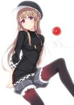  apple breasts brown_hair checkered food fruit hat hiraga_matsuri jewelry legwear_under_shorts long_hair necklace original pantyhose purple_eyes shorts sitting small_breasts solo sweater white_background 