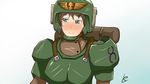  1girl 40k armor blue_eyes blush brown_hair cute helmet imperial_guard leonardgoog looking_away solo warhammer warhammer_40k 