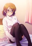  black_legwear blush breasts brown_hair frilled_pillow frills glasses knees_to_chest koizumi_hanayo love_live! love_live!_school_idol_project medium_breasts on_bed pantyhose pillow purple_eyes ribbed_sweater semi-rimless_eyewear shian_(my_lonly_life.) short_hair sitting smile solo sweater thighband_pantyhose turtleneck under-rim_eyewear 