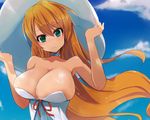  aqua_eyes bare_shoulders blonde_hair blush breasts choker cloud collarbone day dress hands_on_headwear hat head_tilt highres huge_breasts long_hair looking_at_viewer original pon_(shind_997) sky solo strapless strapless_dress sun_hat sunglasses upper_body very_long_hair 