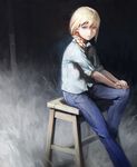  arata_yokoyama blonde_hair blue_eyes braid denim deviantart_sample hair_over_shoulder hands_on_own_knee image_sample jeans long_hair original pants shirt short_sleeves single_braid sitting solo stool 