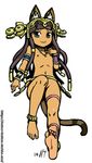  animal_ears bad_id bad_tumblr_id bangs barefoot bastet_(p&amp;d) brown_hair cat_ears cat_tail dark_nipples dark_skin egyptian flat_chest green_eyes hair_ornament long_hair nipples noise_tanker puzzle_&amp;_dragons smile soles solo tail toes topless 