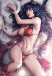  ahri animal_ears armpits bikini black_hair braid breasts cleavage eyelashes facial_mark fingernails fox_ears fox_tail large_breasts league_of_legends lips long_hair looking_at_viewer lying multiple_tails nail_polish navel on_back parted_lips red_nails sideboob signature slit_pupils solo stanley_lau strap_gap string_bikini swimsuit tail tassel toned very_long_hair yellow_eyes 
