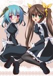  blue_hair brown_hair fang glasses green_eyes highres huang_lingyin infinite_stratos isa_(ni-iro) long_hair maid multiple_girls pantyhose purple_eyes sarashiki_kanzashi short_hair twintails 