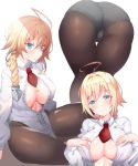  ahoge ass ass_focus black_legwear blazblue blonde_hair blue_eyes blush braid breasts cleavage es_(xblaze) hair_intakes hair_ornament hips huge_ass large_breasts long_hair long_sleeves looking_at_viewer multiple_views necktie open_mouth pantyhose pring654 simple_background single_braid smile solo thick_thighs thighs unbuttoned white_background wide_hips xblaze 
