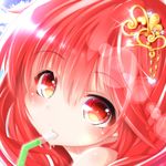  bad_id bad_pixiv_id bangs blush close-up cloud drinking drinking_straw eyebrows_visible_through_hair face hair_between_eyes hair_ornament heart highres looking_at_viewer looking_to_the_side original portrait red_disappointment red_eyes red_hair sky solo sunlight sweat sweatdrop 