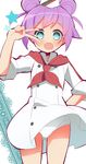 1girl 9law :d aqua_eyes chef_hat chef_uniform double_bun flat_top_chef_hat hat looking_at_viewer manaka_lala open_mouth panties pripara puri_para purple_hair short_hair smile solo star twintails underwear v waitress white_panties 