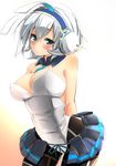 animal_ears between_breasts blue_eyes blush breasts bunny_ears cleavage detached_collar headphones large_breasts looking_at_viewer morochin_(mo_loss_an) necktie necktie_between_breasts oshiro_project pantyhose shikano_(oshiro_project) short_hair solo wrist_cuffs 