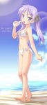  1girl bare_shoulders barefoot beach bikini bottle breasts cleavage cloud collarbone feet female full_body g-tetsu hard_translated highres hiiragi_kagami long_hair long_legs looking_at_viewer lucky_star mound_of_venus navel ocean open_mouth purple_eyes purple_hair shochuumimai side-tie_bikini sky solo standing swimsuit tongue tongue_out translated tsurime twintails 